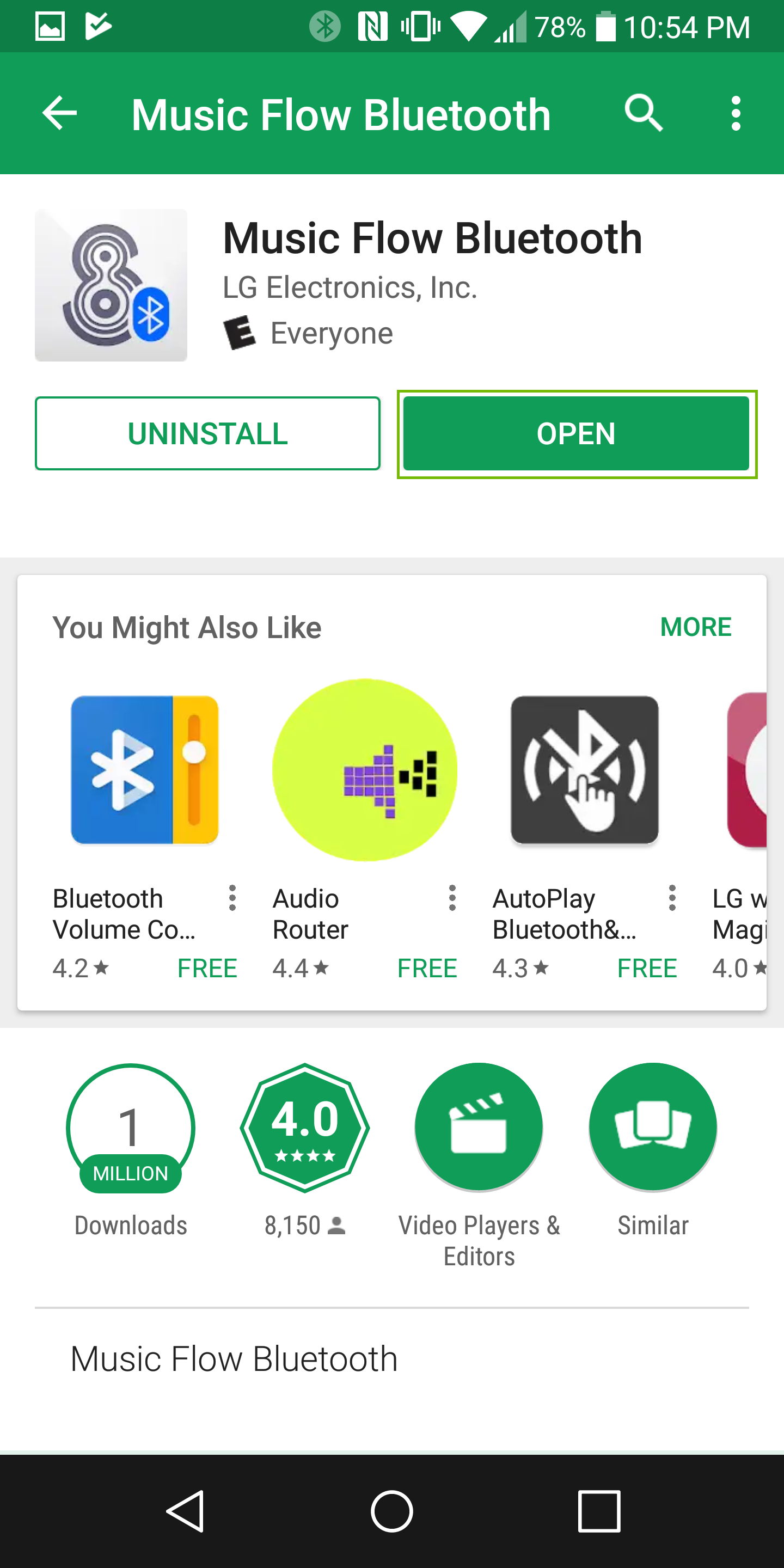 screenshot of the music flow bluetooth app install screen with open highlighted