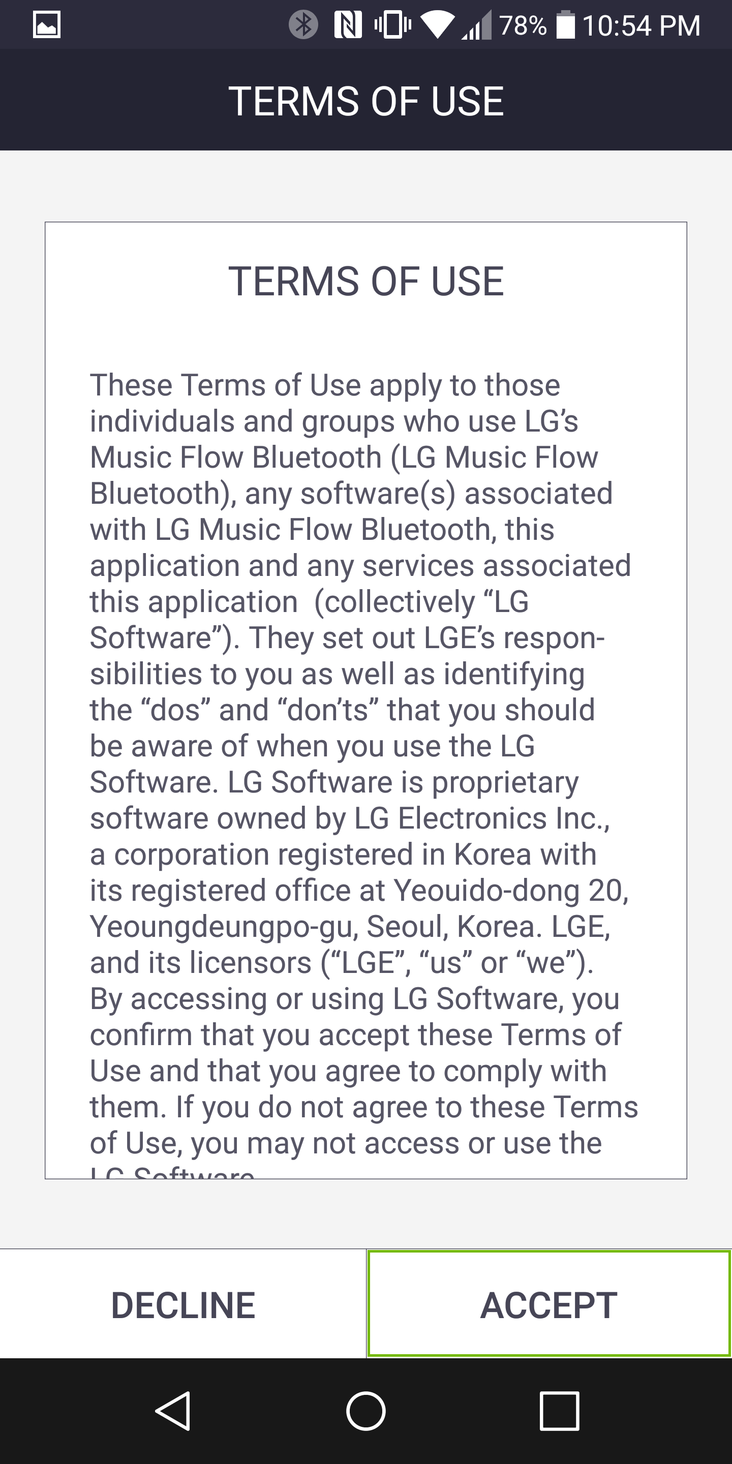 screenshot of the terms of use with accept highlighted