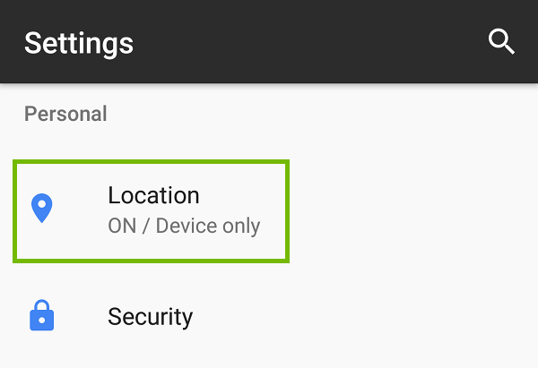 Settings with Location highlighted.