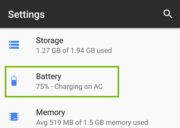 Settings with Battery highlighted.