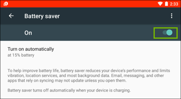 Battery saver toggled on