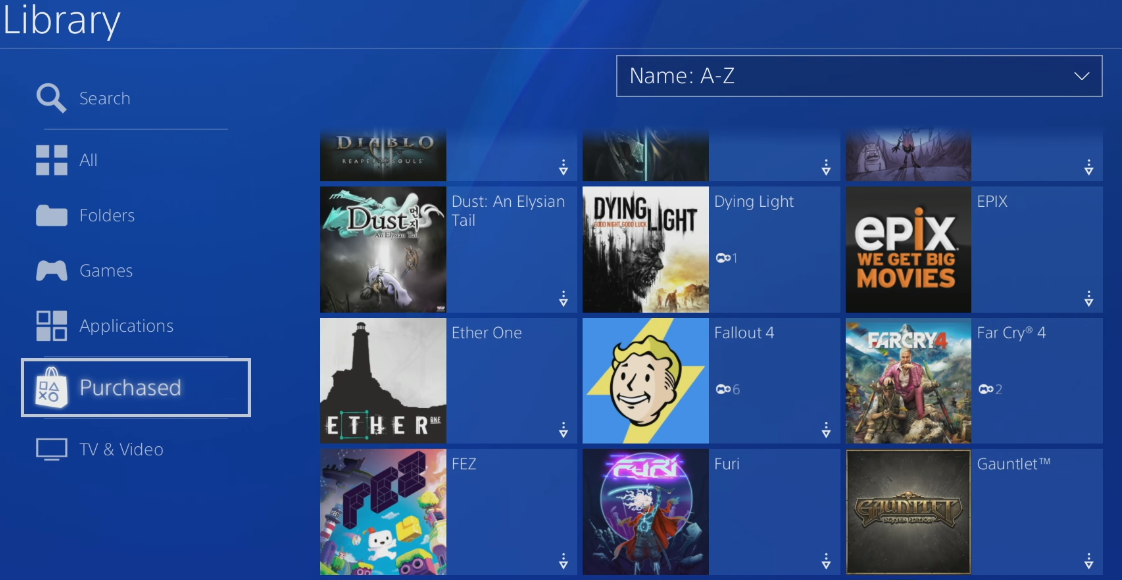 Purchased Games menu with Purchased highlighted