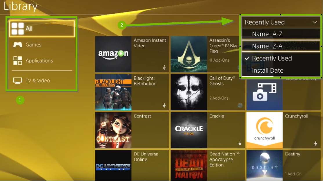 Game and app library with All and Recently Used highlighted