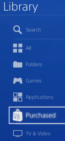 Library menu with Purchased option highlighted