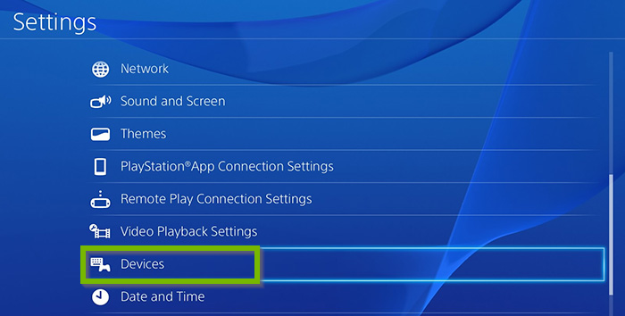 Settings menu with Devices selected. Screenshot.