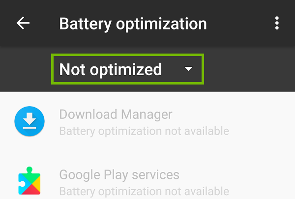 Battery optimization with Not optimized highlighted.