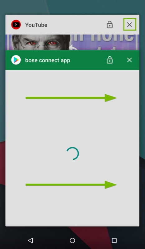 Recent Apps screen with arrows indicating to swipe to the right on an app to close it.