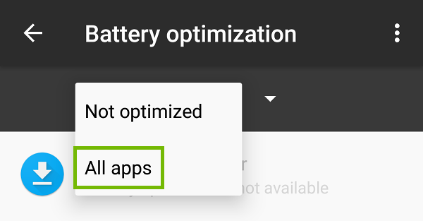 Battery optimization with All apps highlighted.