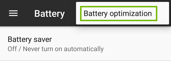 Battery settings menu with Battery optimization highlighted.