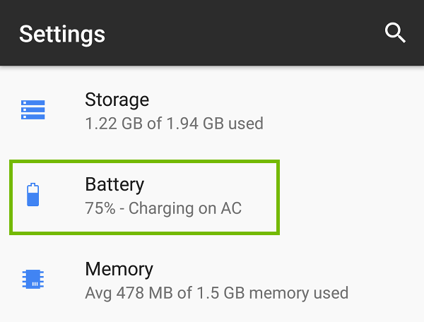 Settings with Battery highlighted.