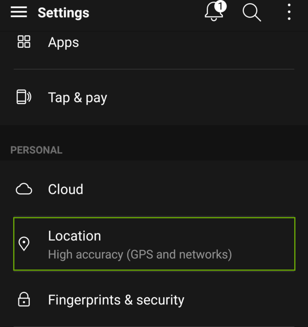 Settings with Location highlighted.