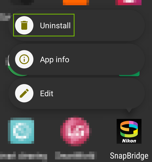 App menu for SnapBridge with Uninstall highlighted.