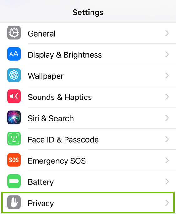 Settings with Privacy highlighted.