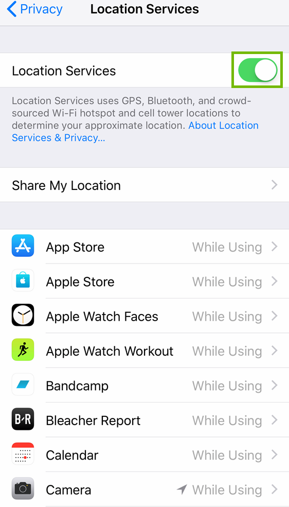 Location services with the on off switch highlighted.