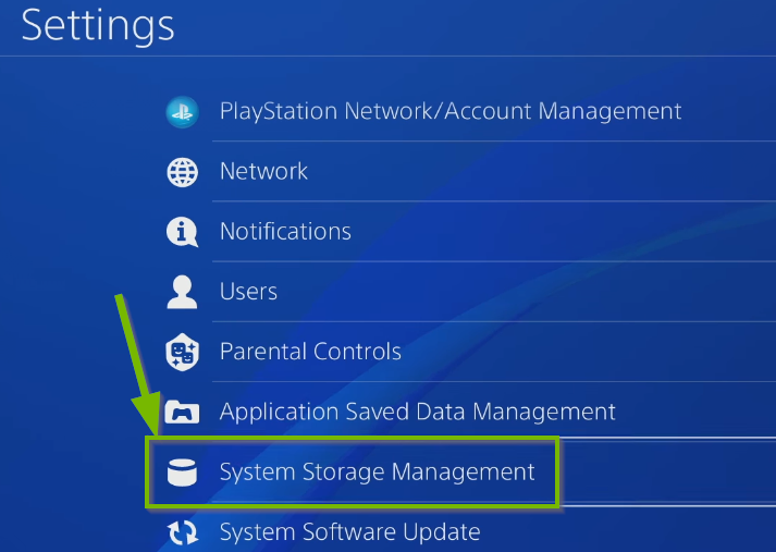 Settings window with System Storage Management highlighted