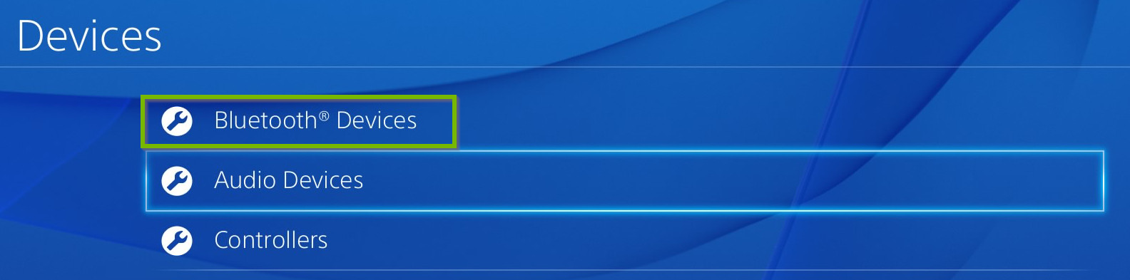 Devices menu with Bluetooth devices selected. Screenshot.
