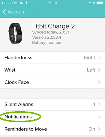 Fitbit with Notifications Highlighted. Screenshot