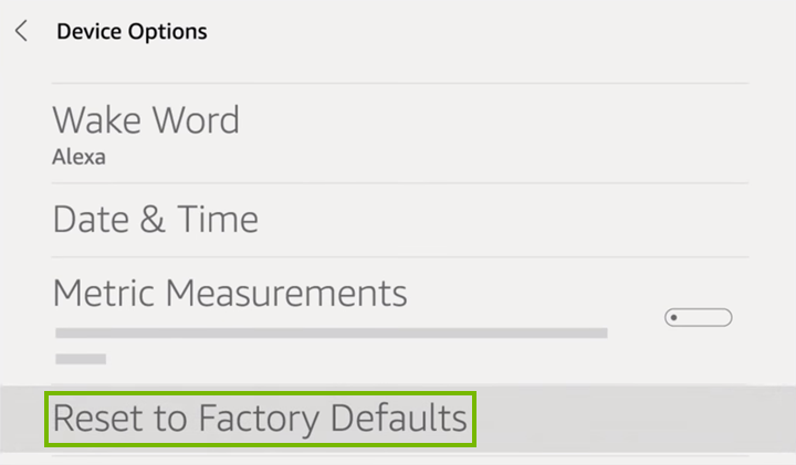 Reset to Factory Defaults option highlighted on Device Options screen