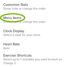 Fitbit Menu Items highlighted. Screenshot