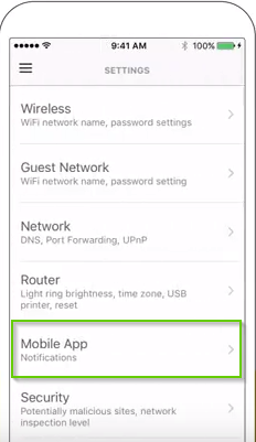 Norton Core settings menu with mobile app highlighted