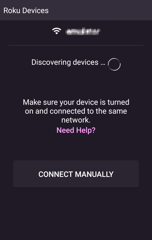 Roku app attempting to discover devices.