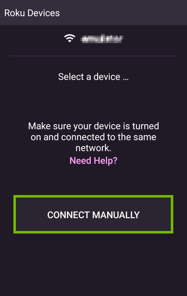 Connect Manually option highlighted on Roku app first launch.