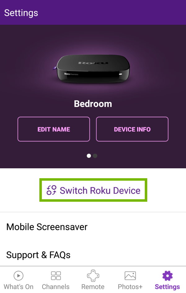 Switch Roku Device option highlighted in Roku app settings.