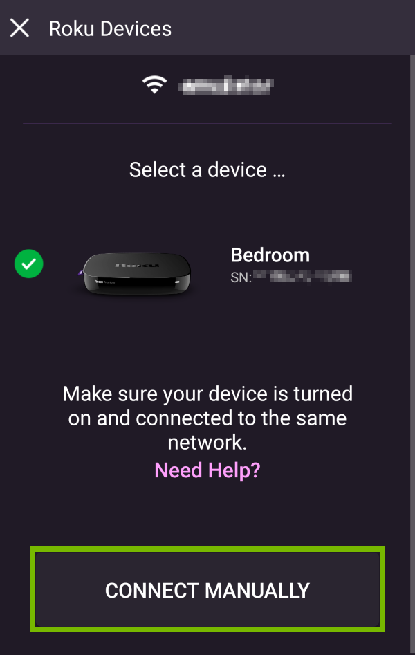 Connect Manually option highlighted on Roku Devices in mobile app.