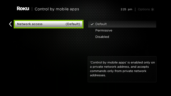 Network access option highlighted in Roku settings.