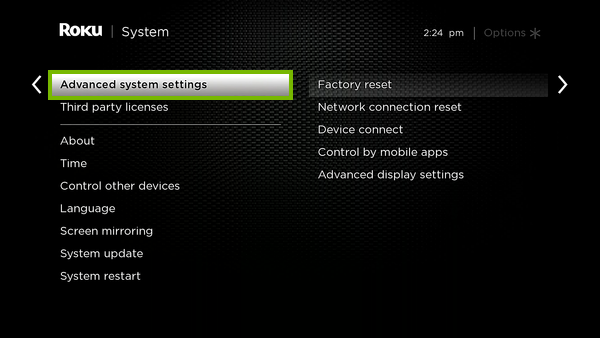 Advanced system settings option highlighted in Roku settings.