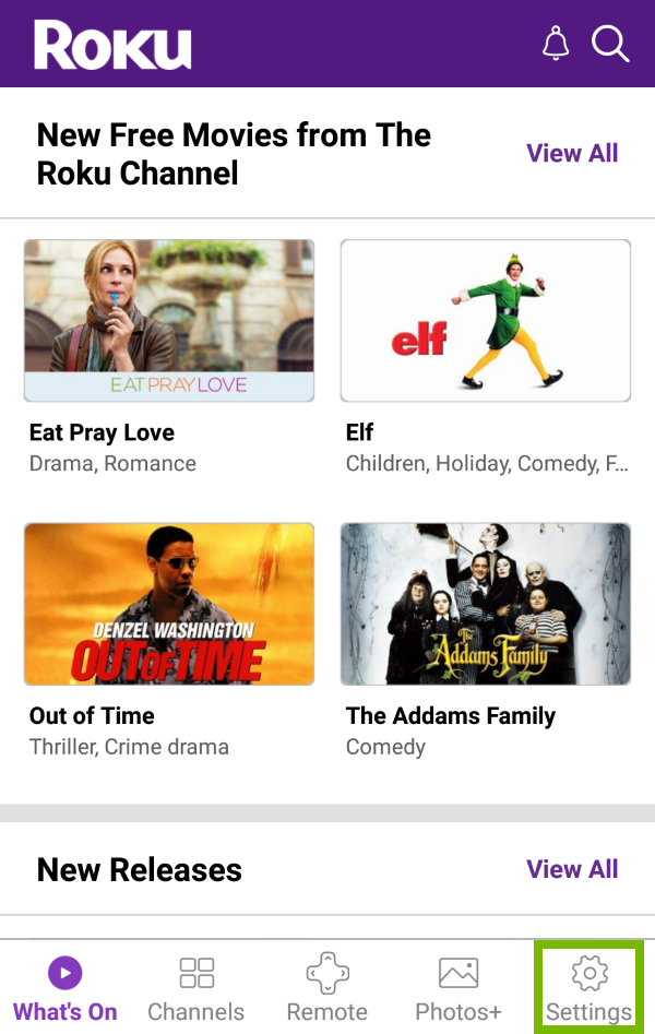 Settings option highlighted in Roku app.