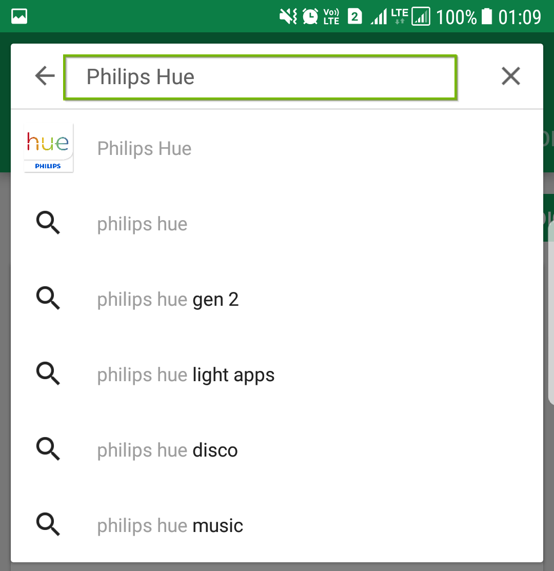Google Play store with Philips Hue in the search box.