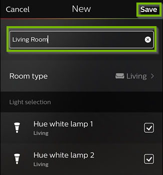 Screenshot of Hue app with field for room name in center, and Save button in upper right corner.
