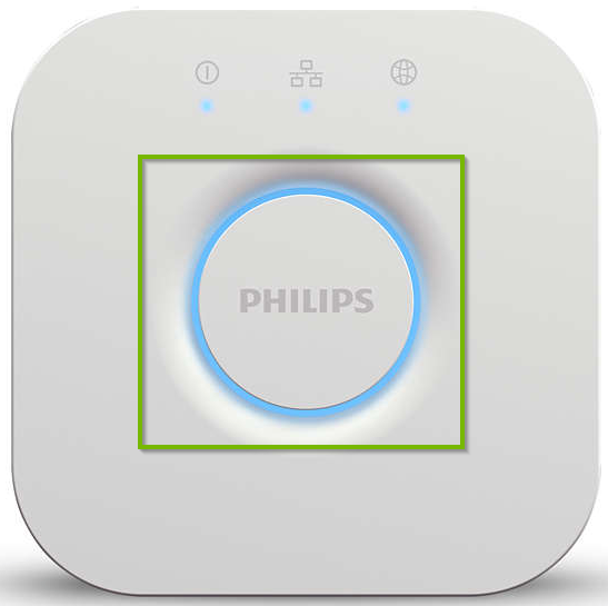 Philips Hue Bridge with Sync button in the center.
