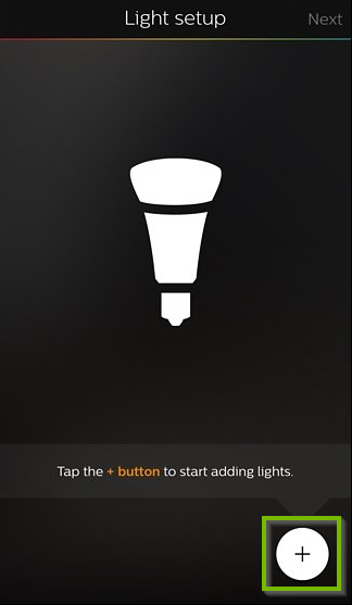 Philips Hue app with plus button selected in the lower right corner.