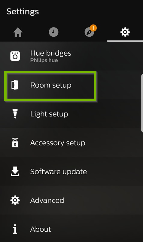 Philips Hue app with Room Setup selected.
