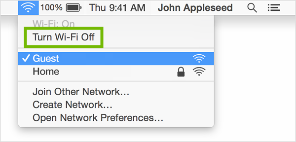 Wi-Fi menu with Turn Wi-Fi Off highlighted.