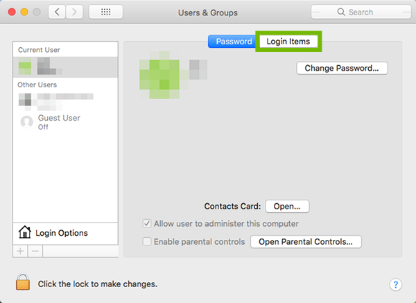 Users and Groups with Login Items highlighted.