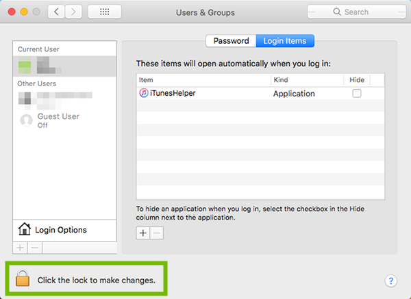 Users and Groups with lock highlighted.