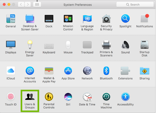 System Preferences with Users and Groups highlighted.