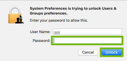 Password prompt with Password and Unlock highlighted.