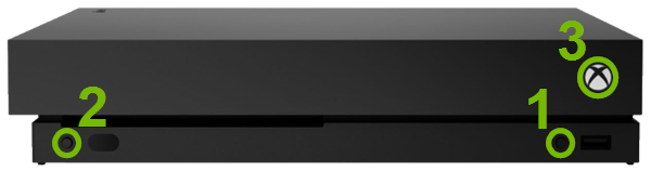 Bind, Eject and Power buttons highlighted on Xbox One X.