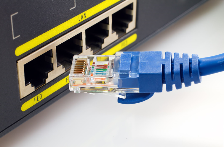 Ethernet cable being connected to the rear of a router or switch. Illustration.
