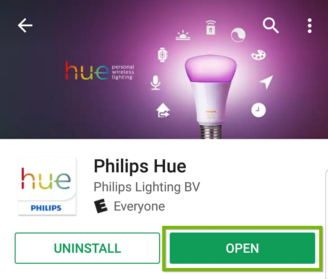 Philips Hue app store page with open highlighted