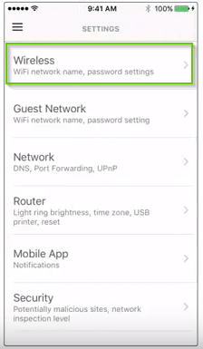Norton core settings page with wireless highlighted