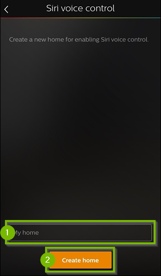 Philips Hue app, with a field for Home name and a Create Home button.