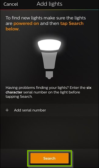 Philips Hue app with Search button selected.