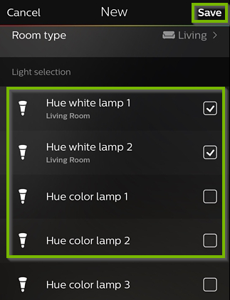 Philips Hue app with a list of bulbs. Next to each bulb there is a checkbox. The save button is in the upper right corner.
