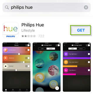 Philips Hue app within the Apple app store, with the get button highlighted.