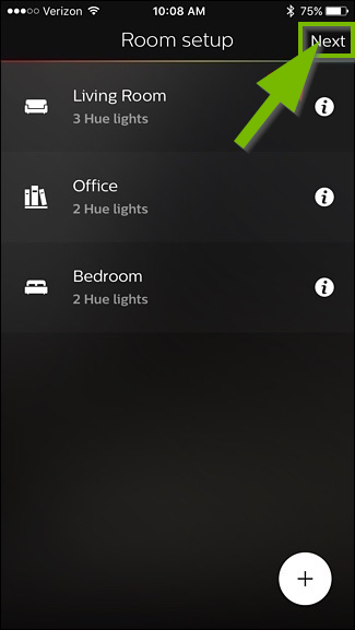 Philips Hue app with the next button highlighted in the upper right.